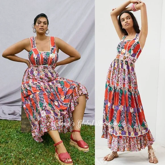 RARE NWT ANTHROPOLOGIE BHANUNI By JYOTI Square Neck Bohemian Maxi Dress. - Picture 13 of 16